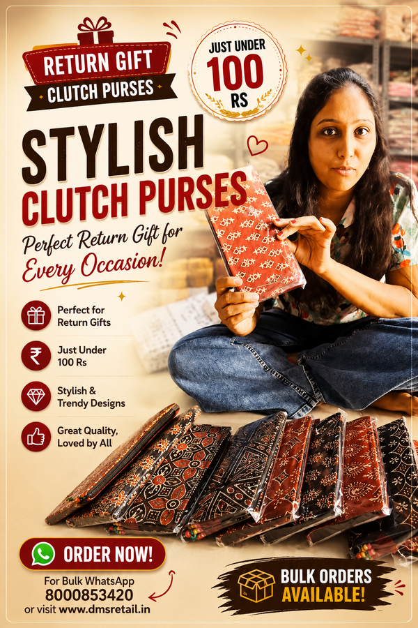 Promotional graphic for stylish clutch purses, featuring a woman sitting cross-legged and holding a patterned clutch purse. Multiple clutch purses are arranged in the foreground.