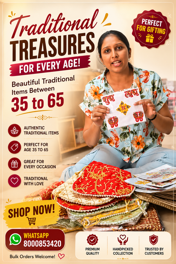 Promotional banner for 'Traditional Treasures' featuring a woman holding a traditional Indian card while surrounded by stacks of ornate, embroidered Indian gift items. The graphic includes text overlays, a WhatsApp contact number, and badges such as 'Perfect for Gifting'.