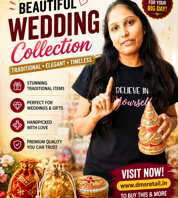 Promotional banner for a 'Beautiful Wedding Collection' featuring a woman in a black t-shirt holding a traditional Indian wedding ornament, surrounded by various red and gold wedding accessories and bags on a wooden table.