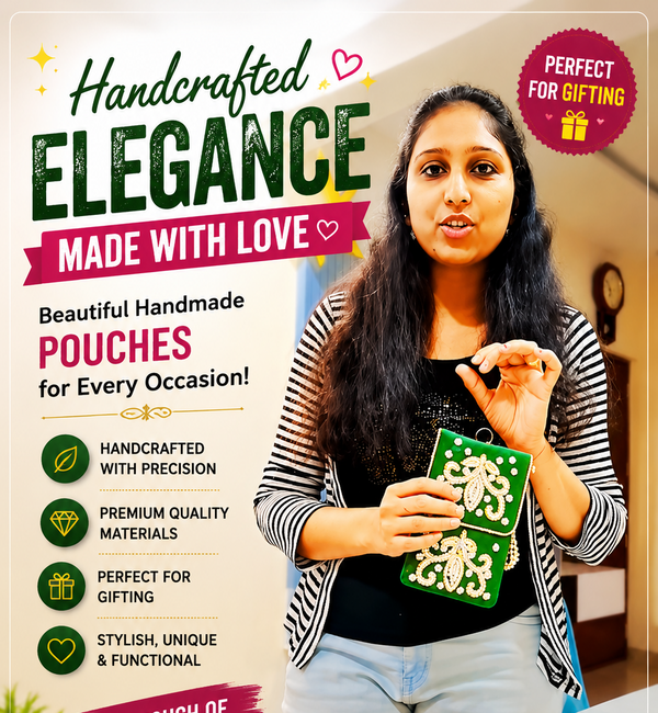 A promotional graphic for handmade pouches, featuring a woman holding a green patterned pouch. The left side contains marketing text such as 'Handcrafted Elegance Made with Love' and lists of features.