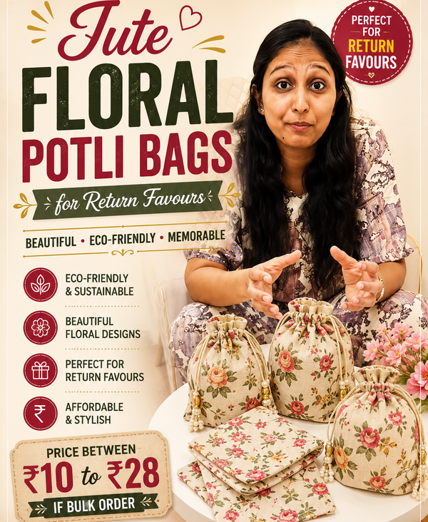 A promotional graphic for Jute Floral Potli Bags, featuring a woman gesturing towards several floral drawstring pouches arranged on a table. The background is cream-colored with text highlighting eco-friendly, beautiful floral designs, and bulk pricing details.