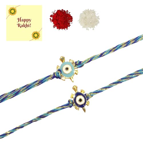 DMS RETAIL Blue Evil Eye Tortoise Pearl with Diamond Attractive Rakhi for Brother with Roli Chawal and Rakshabandhan Greeting Card Set OF 3 Rakhi dmsretail