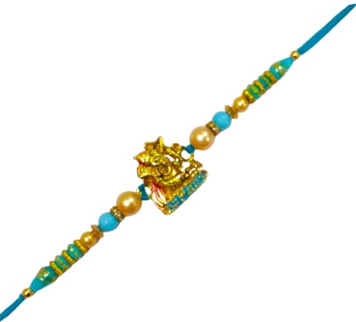 DMS RETAIL Blue Pearl And Beads Studded Ganesh Rakhi For Brother|Rakhi For Bhaiya Bhabhi With Greetings Card Rakshabandhan Festival Set Of 1 dmsretail