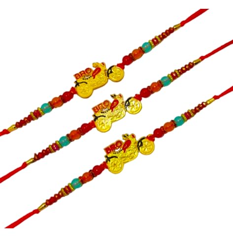 DMS RETAIL Combo Set of 3 Sports Rakhi - Bike Lovers Unique and Trending Rakhi With Greeting Card And Roli Cahwal dmsretail