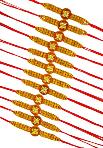 DMS RETAIL Combo of 12 Swastik Om Rakhi For Brother and Bhabhi - Rakhi For Brother Kids - Ganesha Rakhi For Bhaiya Brother With Roli Chandan, Greeting Card dmsretail