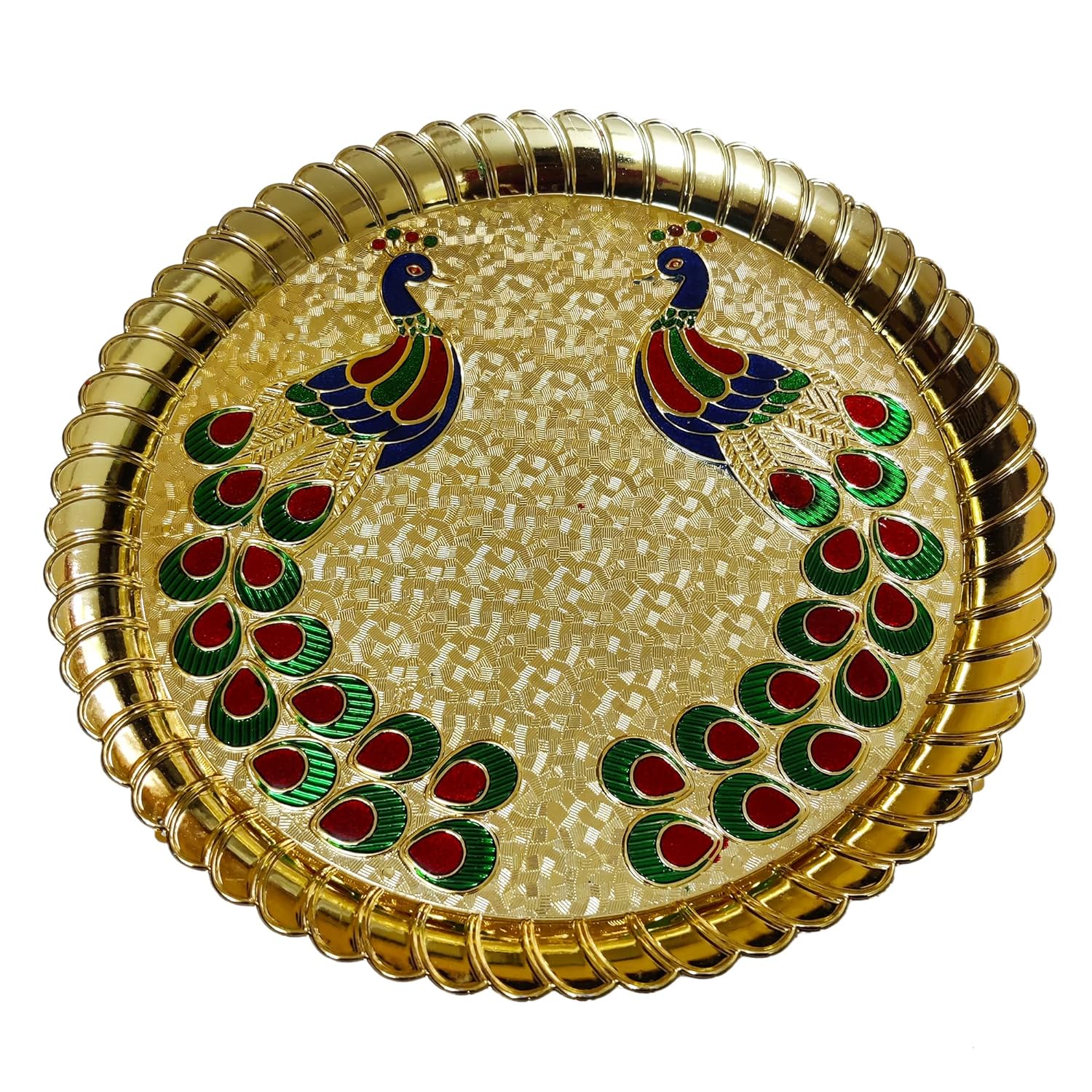 DMS RETAIL Designer Acrylic Peacock Pooja thali for Rakhi Diwali Festival Ethnic Puja Thali Gift for Diwali Engagement Platter, Home, Temple, Office, Wedding Return Gift Items Big Size 11 Inches dmsretail