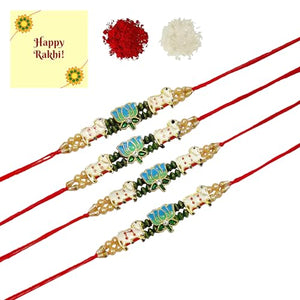 DMS RETAIL Elegant Golden Rakhi/Band for Beloved Brother (Rakhi/Band Combo OF 4) With Greetings Card dmsretail