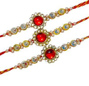 DMS RETAIL Elegant Kundan Rakhi | Rakhi For Brother Bhaiya Bhabhi | With Roli Chawal Set Of 3 Rakhi With Greetings Card dmsretail