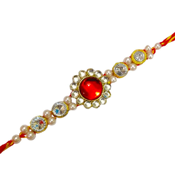 DMS RETAIL Elegant Kundan Rakhi | Rakhi For Brother Bhaiya Bhabhi | With Roli Chawal Set Of 3 Rakhi With Greetings Card dmsretail