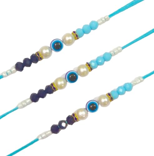 DMS RETAIL Evil Eye Bracelet Rakhi Set of 5 for Brother Boys Kids - Small & Big Blue Beaded Rakhi with Best Wishes Greeting Card Roli kumkum dmsretail