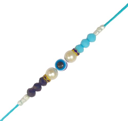 DMS RETAIL Evil Eye Bracelet Rakhi Set of 5 for Brother Boys Kids - Small & Big Blue Beaded Rakhi with Best Wishes Greeting Card Roli kumkum dmsretail