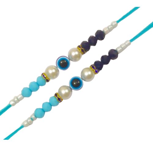 DMS RETAIL Evil Eye Bracelet Rakhi Set of 5 for Brother Boys Kids - Small & Big Blue Beaded Rakhi with Best Wishes Greeting Card Roli kumkum dmsretail