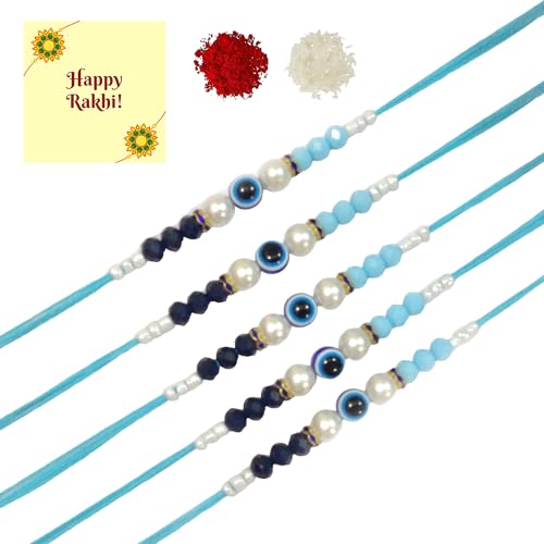 DMS RETAIL Evil Eye Bracelet Rakhi Set of 5 for Brother Boys Kids - Small & Big Blue Beaded Rakhi with Best Wishes Greeting Card Roli kumkum dmsretail