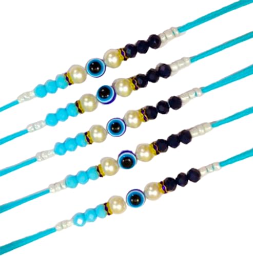 DMS RETAIL Evil Eye Bracelet Rakhi Set of 5 for Brother Boys Kids - Small & Big Blue Beaded Rakhi with Best Wishes Greeting Card Roli kumkum dmsretail