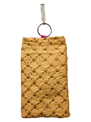 DMS RETAIL Golden Ethnic Embroidered Mobile Pouch for Women with Waist Clip and Belt dmsretail