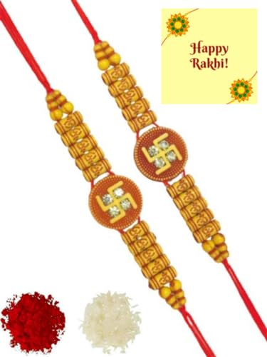 DMS RETAIL Multicolor Set of 2 Beads, Pearls, Diamond, Swastik Om Rakhi with Roli Chawal Pack - Rakhi for Brother, Bhaiya, Bhai dmsretail