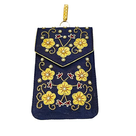 DMS RETAIL Multicolored Embroidered Pearl Beads Silk Saree Clutch Mobile Pouch Waist Clip Ladies Purse Gift (Blue) dmsretail