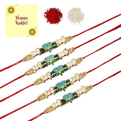 DMS RETAIL Pichwai Rakhi For Brother With Roli Chawal With Greetings Card For Men Set Of 5 dmsretail