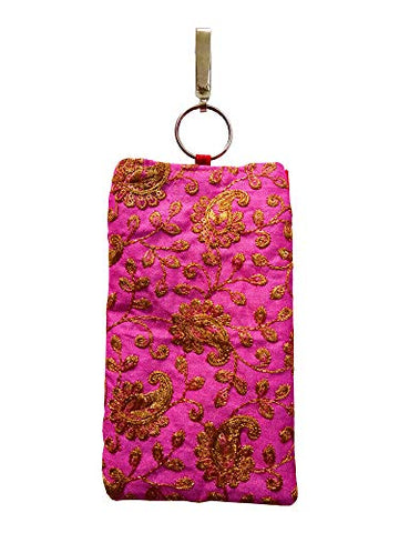 DMS RETAIL Pink Floral Ethnic Jardosh Work Embroidered Mobile Pouch for Women with Waist Clip and Belt dmsretail