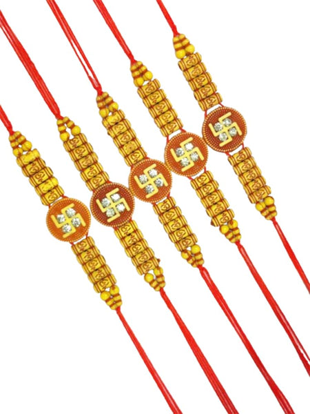 DMS RETAIL Rakhi Collection For Rakshabandhan | Rakhi For Brother | Rakhi for Bhaiya and Bhabhi | Rakhi Combo Gift Hamper Set Of 5 Rakhi With Roli Chawal And Greetings Cards dmsretail