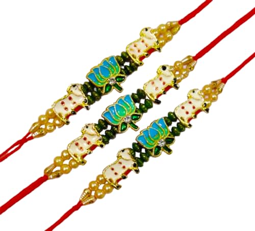 DMS RETAIL Set Of 3 Rakhi For Brother Pearl Rakhi For Brother With Roli Chawal And Greetings Card dmsretail