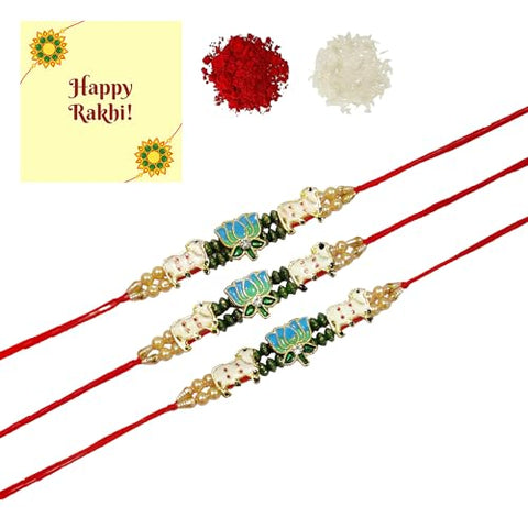 DMS RETAIL Set Of 3 Rakhi For Brother Pearl Rakhi For Brother With Roli Chawal And Greetings Card dmsretail