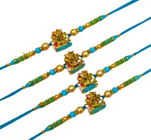 DMS RETAIL Set Of 4 Religious and Designer Pearl Rakhi with Roli Chawal and Greeting Card Blue Beads Ganesh Rakhi dmsretail