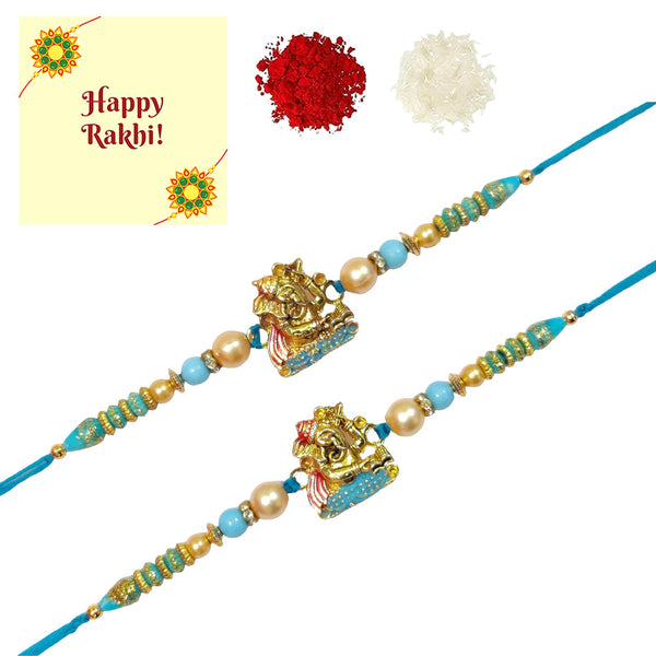 DMS RETAIL Set Of 4 Religious and Designer Pearl Rakhi with Roli Chawal and Greeting Card Blue Beads Ganesh Rakhi dmsretail