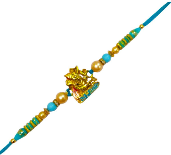 DMS RETAIL Set Of 4 Religious and Designer Pearl Rakhi with Roli Chawal and Greeting Card Blue Beads Ganesh Rakhi dmsretail