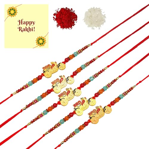 DMS RETAIL Set Of 5 Rakhi For Brother Kids Combo Bro For Rakshabandhan With Greeting Card Roli Chawal dmsretail