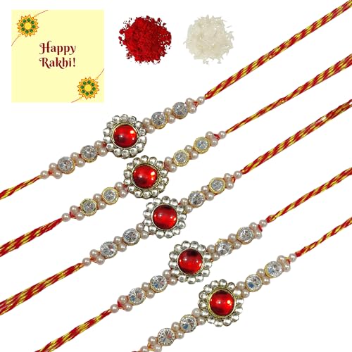 DMS RETAIL Set Of 5 Thread Rakhi for Brother Beautiful Raksha Bandhan Rakhi with Roli Chawal Greeting Card dmsretail