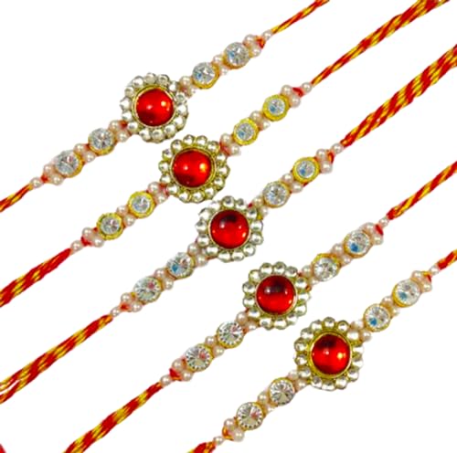 DMS RETAIL Set Of 5 Thread Rakhi for Brother Beautiful Raksha Bandhan Rakhi with Roli Chawal Greeting Card dmsretail