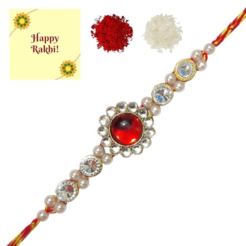 DMS RETAIL Set Of 5 Thread Rakhi for Brother Beautiful Raksha Bandhan Rakhi with Roli Chawal Greeting Card dmsretail