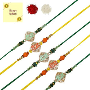 DMS RETAIL Set Of 5 Veera Rakhi Studded Raksha Bandhan Rakhi Elegant Traditional Handmade Colorful Dori Beads With Roli kumkum And Greeting Card Bro/Brother/Bhaiya/Bhai dmsretail