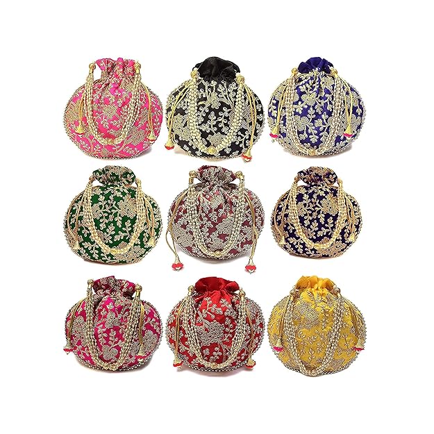 DMS RETAIL Silk Embroidered Women Potli Bag Potli Bags for Women Evening Bag Clutch Ethnic Bride Purse with Drawstring Set Of 10 potli bags Mix Colors dmsretail