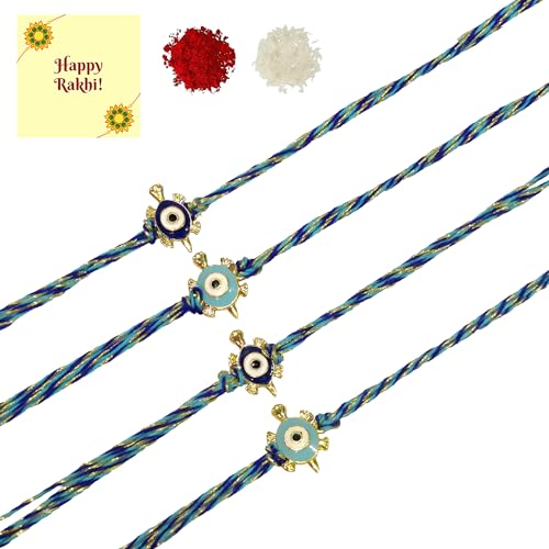 DMS RETAIL Tortoise Blue Evil Eye Beads Rakhi for Brother, Bhaiya, Bhabhi, Bhai Designer Thread Rakhi Semi Precious Stone Rakhi Bracelet Crystal Stone Rakhi for Women Set Of 4 Rakhi dmsretail