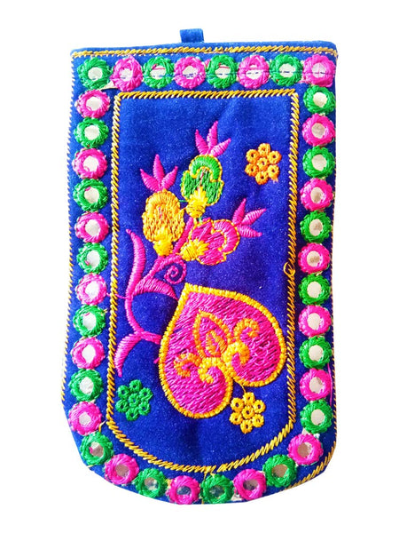 DMS RETAIL Traditional Mobile Pouch for Women with Waist Clip and Belt Embroidered Mobile Pouch Blue dmsretail