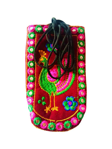 DMS RETAIL Traditional Mobile Pouch for Women with Waist Clip and Belt Embroidered Mobile Pouch Maroon dmsretail