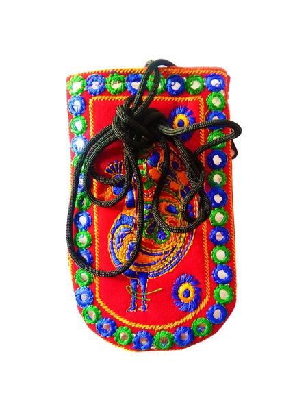 DMS RETAIL Traditional Mobile Pouch for Women with Waist Clip and Belt Embroidered Mobile Pouch Orange Peacock Pattern dmsretail