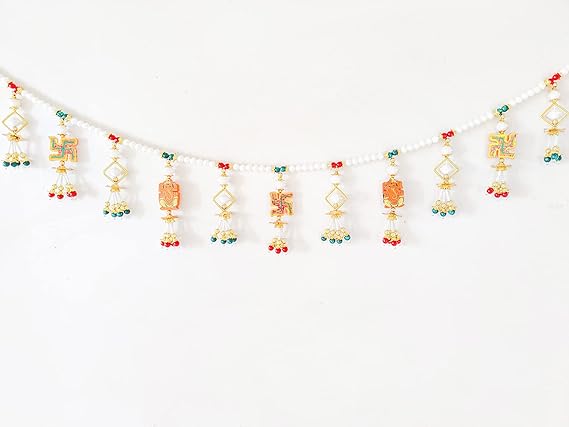 DMS RETAIL Traditional White Moti Zula Pearl Beads Swastik Toran for Main Door Latest Home Decoration Hanging Handmade|Door Hangings dmsretail