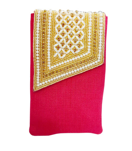 DMS RETAIL Women's Pearl Clutch Silk Saree Clutch Mobile Pouch Waist Clip Ladies Purse Gift Designer Pearl Beads Studded Jute Mobile Pouch (RED) dmsretail