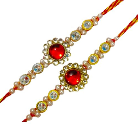 DMS RETAILClassic Kundan Polki Studded Ethnic Thread Rakhi with Roli Chawal Pack -Rakhi For Brother dmsretail