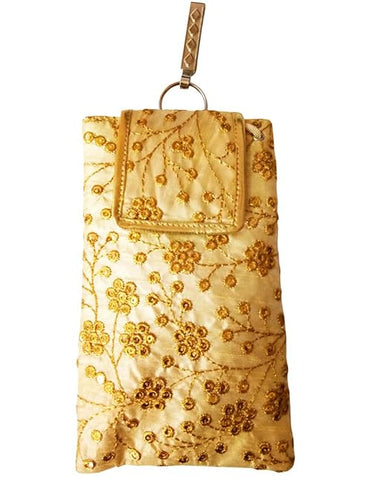 Golden Ethnic Embroidered Mobile Pouch for Women with Waist Clip and Belt dmsretail