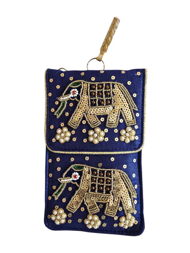 DMS RETAIL Women's Pearl Silk Saree Mobile Pouch Waist Clip Ladies Purse Gift Designer Pearl Beads Studded Handmade Mobile Pouch with Elephant Embroidery