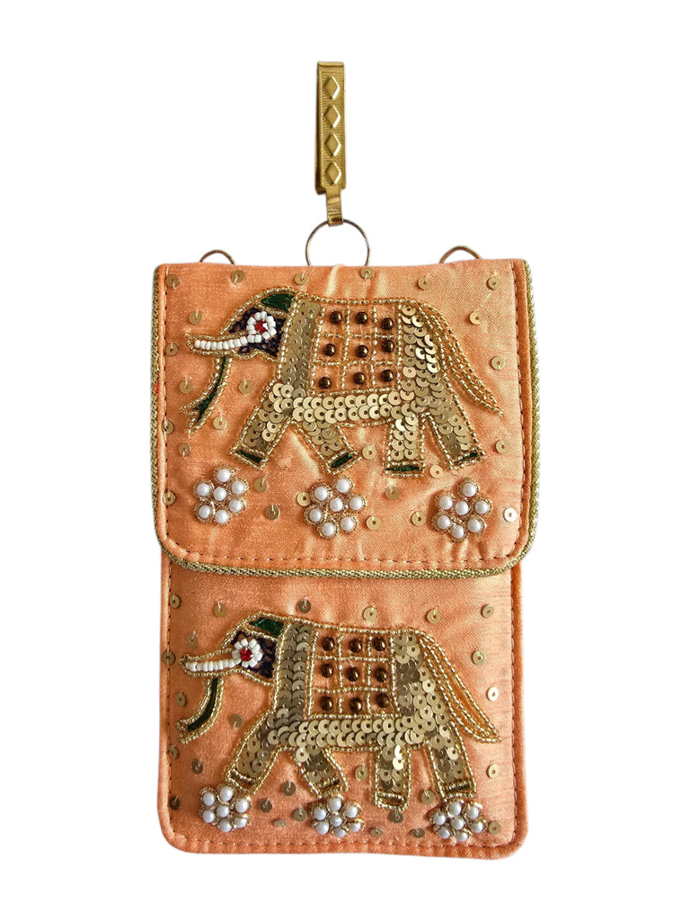 DMS RETAIL Women's Pearl Silk Saree Mobile Pouch Waist Clip Ladies Purse Gift Designer Pearl Beads Studded Handmade Mobile Pouch with Elephant Embroidery