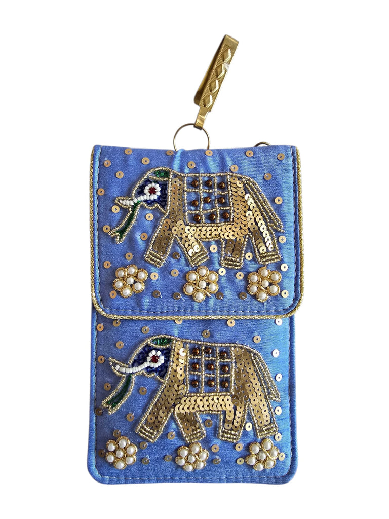 DMS RETAIL Women's Pearl Silk Saree Mobile Pouch Waist Clip Ladies Purse Gift Designer Pearl Beads Studded Handmade Mobile Pouch with Elephant Embroidery