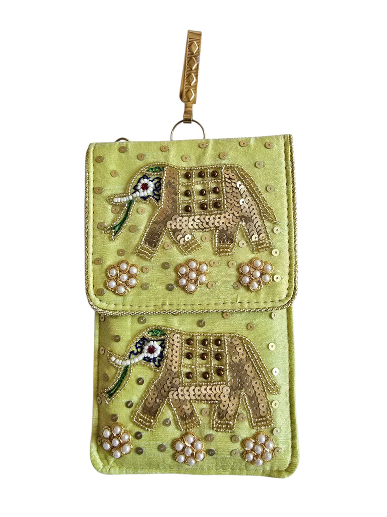 DMS RETAIL Women's Pearl Silk Saree Mobile Pouch Waist Clip Ladies Purse Gift Designer Pearl Beads Studded Handmade Mobile Pouch with Elephant Embroidery