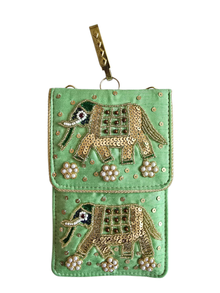 DMS RETAIL Women's Pearl Silk Saree Mobile Pouch Waist Clip Ladies Purse Gift Designer Pearl Beads Studded Handmade Mobile Pouch with Elephant Embroidery