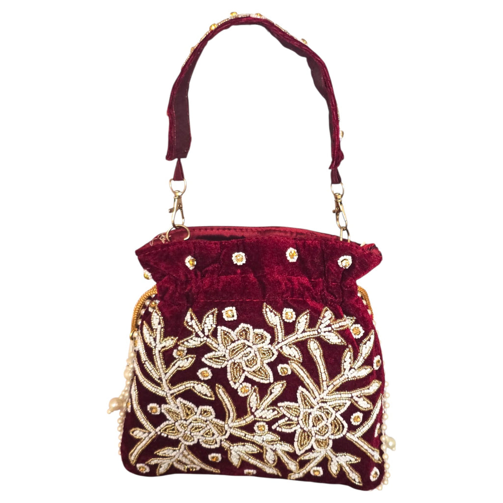 Dms Retail Women S Velvet Embroidered Belt Potli Bag With Pearl