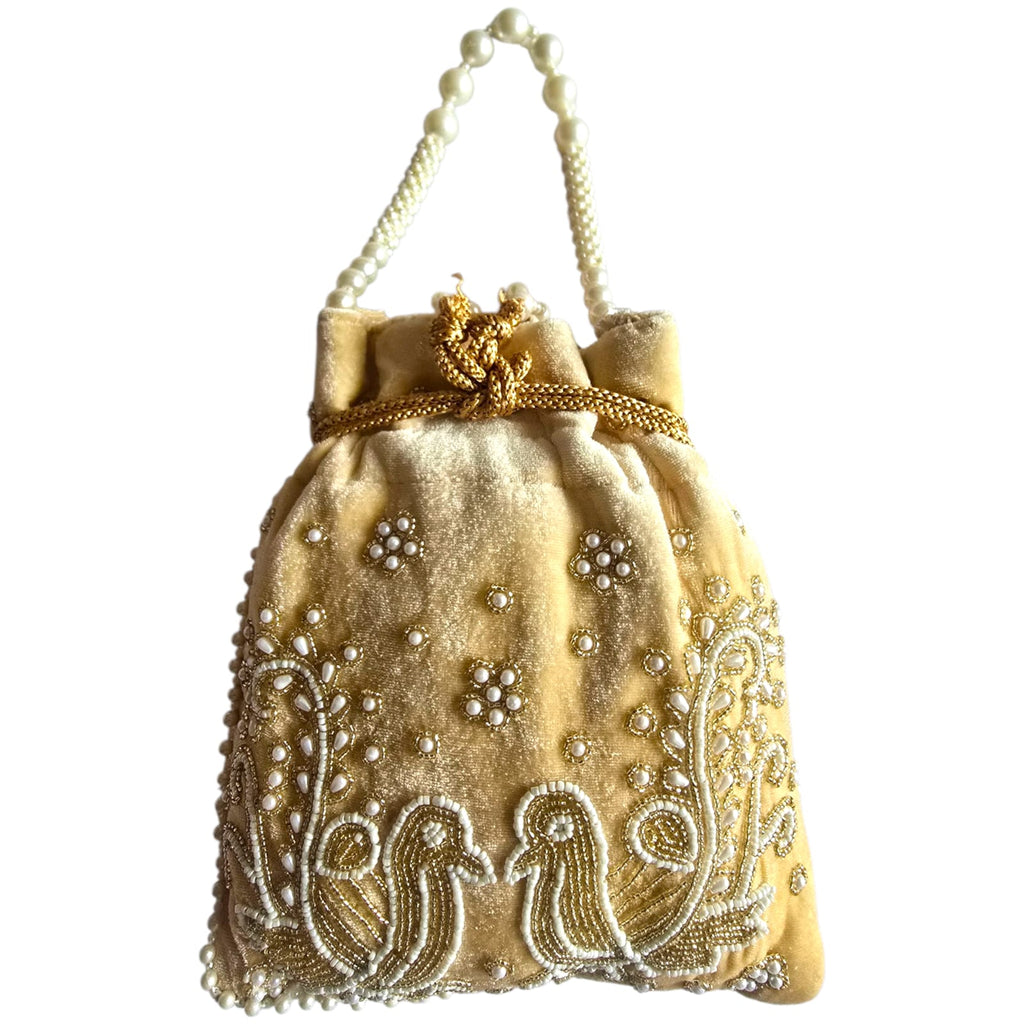 Dms Retail Women S Velvet Embroidered Potli Bag With Pearl Handle